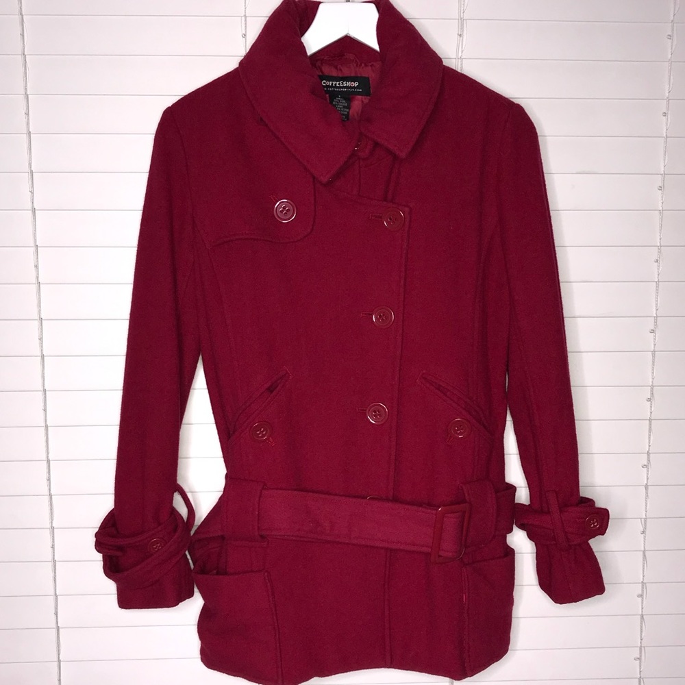 Coffee Shop Pea Coat Button Cuffs Belt